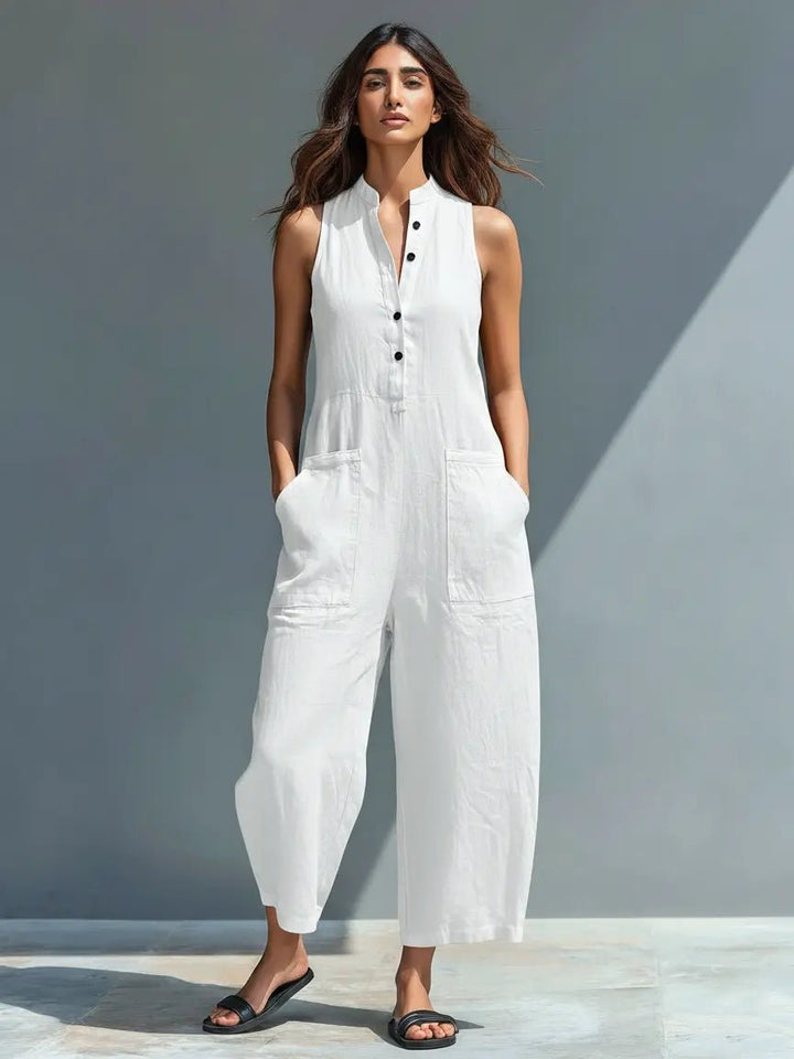 Annika | Damen Ärmellose Linen Button-Up Jumpsuit mit Stehkragen