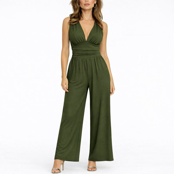 Katharina | Damen Ärmelloser Weitbein-Jumpsuit Tiefem V-Ausschnitt