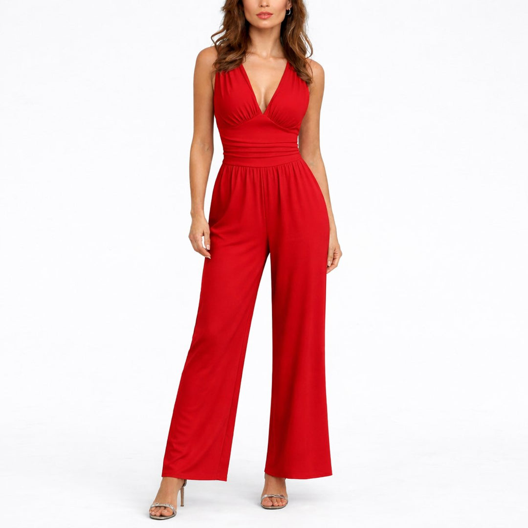 Katharina | Damen Ärmelloser Weitbein-Jumpsuit Tiefem V-Ausschnitt