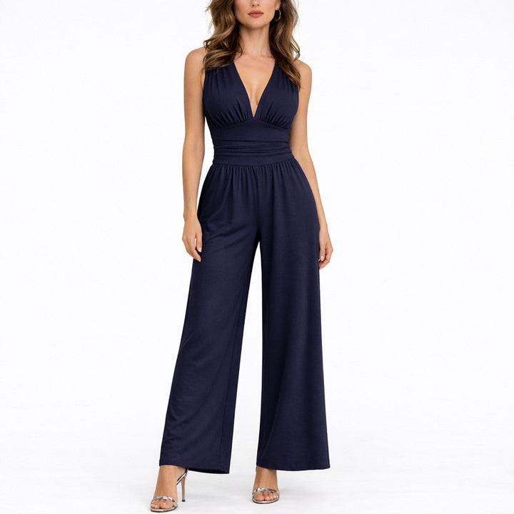 Katharina | Damen Ärmelloser Weitbein-Jumpsuit Tiefem V-Ausschnitt
