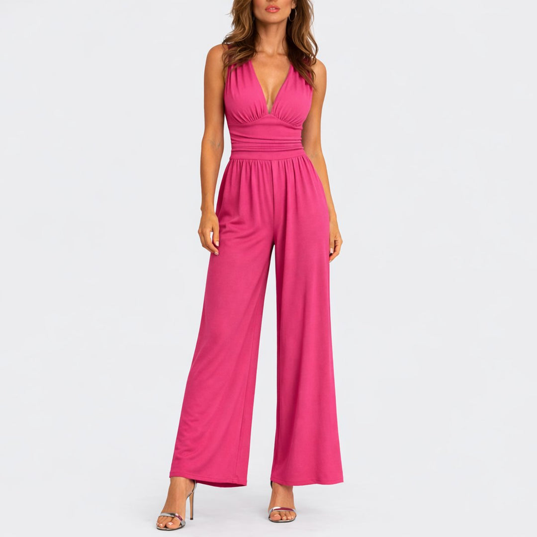 Katharina | Damen Ärmelloser Weitbein-Jumpsuit Tiefem V-Ausschnitt