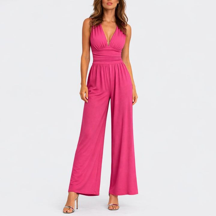 Katharina | Damen Ärmelloser Weitbein-Jumpsuit Tiefem V-Ausschnitt