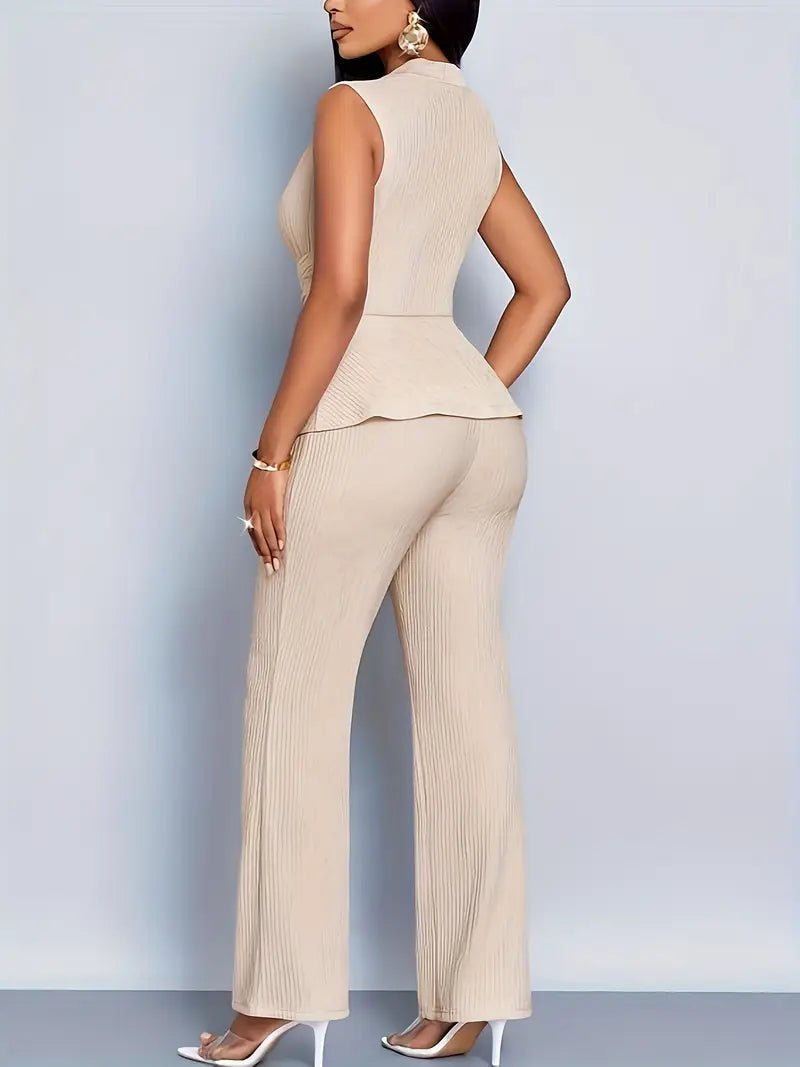 Johanna | Damen Ärmelloses Peplum-Wickeloberteil Ausgestellte Hose Zweiteiler-Set