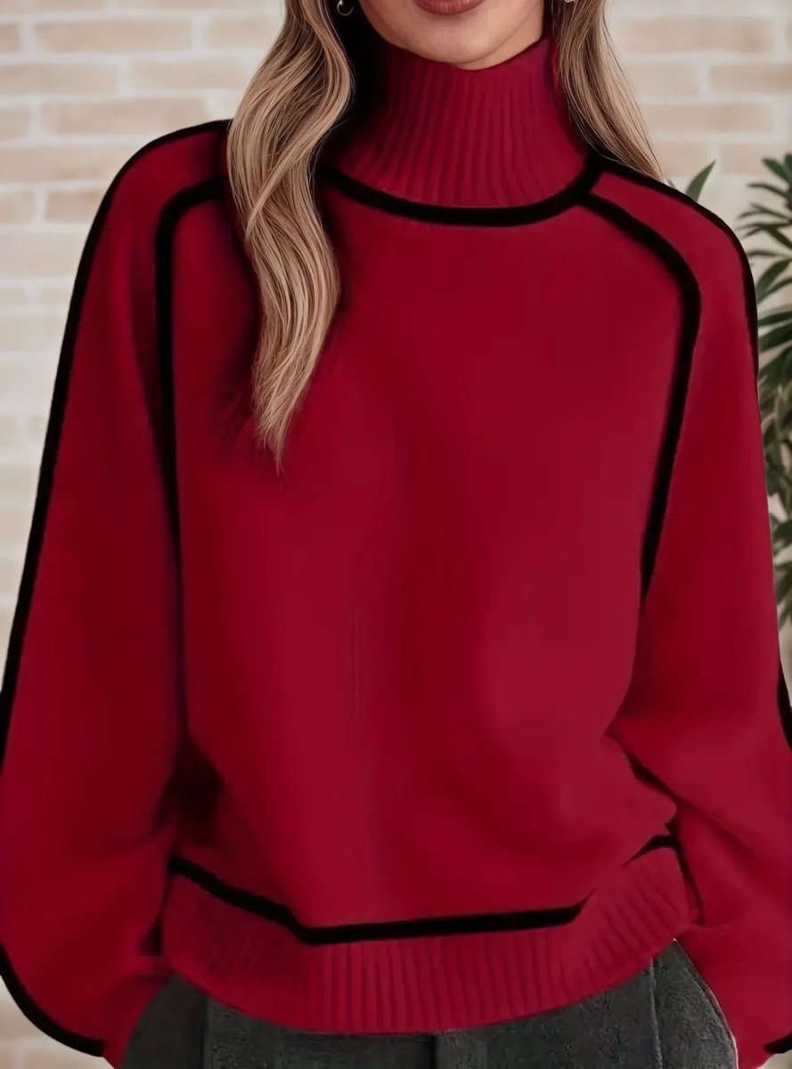 Sophie | Damen Rollkragen Oversized Strick Sweater mit Kontraststreifen