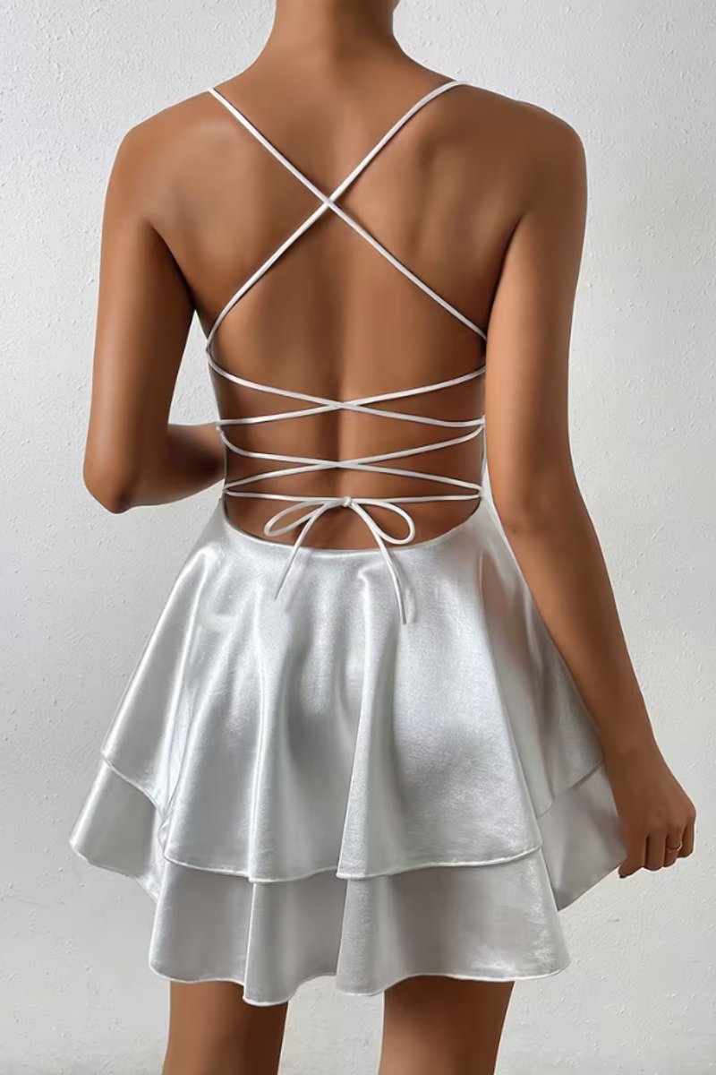 Amelie | Damen Satin Cocktailkleid Wickel-V-Ausschnitt Offener Rücken Mini