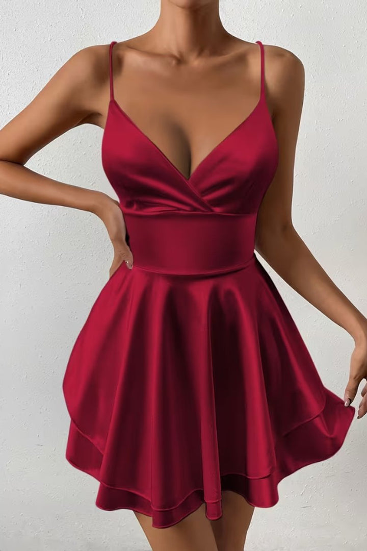 Amelie | Damen Satin Cocktailkleid Wickel-V-Ausschnitt Offener Rücken Mini