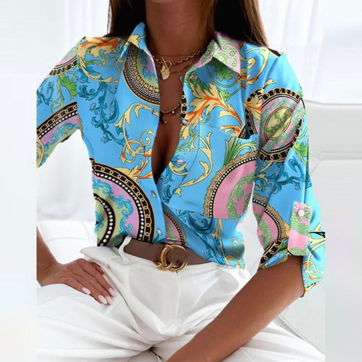 Lena | Damen Satin Geometrische-Print Button-Down Bluse