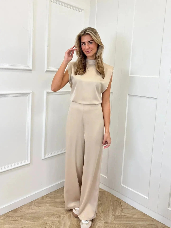 Clara | Damen Satin-Jumpsuit Weite Hose Ärmellos Eleganter Einteiler
