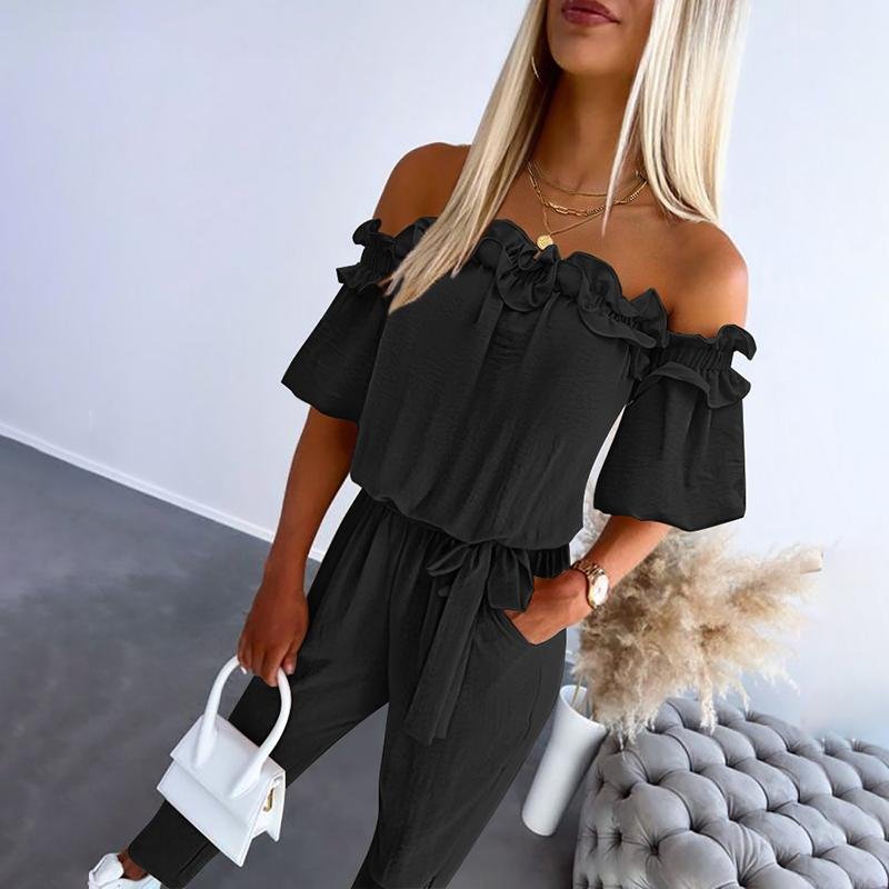 Amelie | Damen Schulterfreier Rüschen-Jumpsuit Bindeband Taille