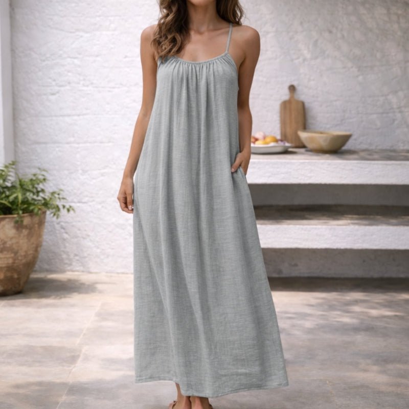 Lena | Damen Spaghetti-Träger Maxi-Sommerkleid Weitgeschnitten mit Taschen