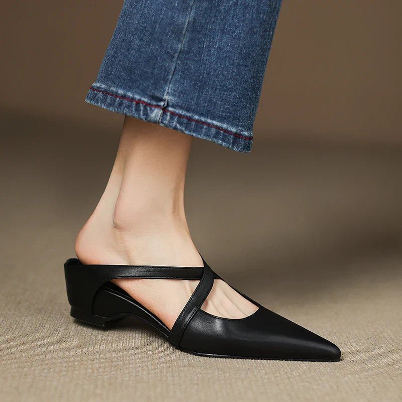 Mia | Damen Spitze Echtleder Kreuzriemen Mules mit Absatz