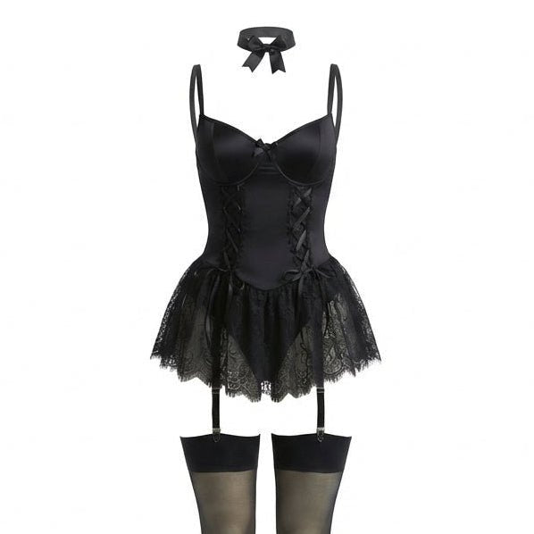 Annika | Damen Spitzen Bustier-Body mit Rüschen und Strumpfhaltern