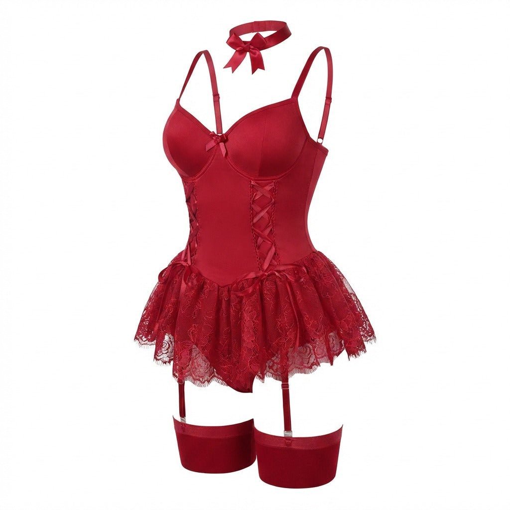 Annika | Damen Spitzen Bustier-Body mit Rüschen und Strumpfhaltern
