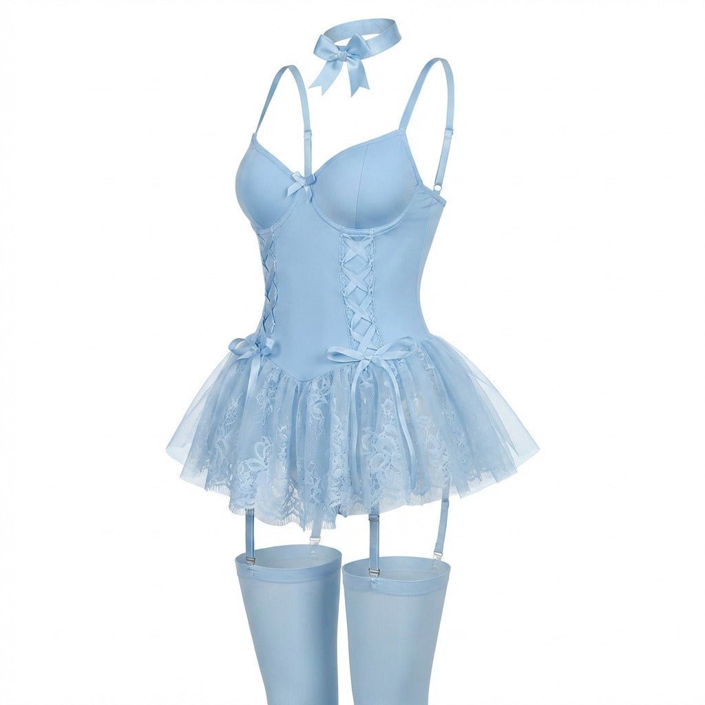 Annika | Damen Spitzen Bustier-Body mit Rüschen und Strumpfhaltern