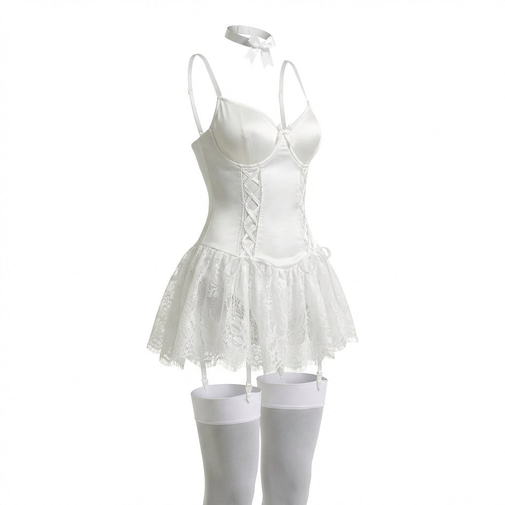 Annika | Damen Spitzen Bustier-Body mit Rüschen und Strumpfhaltern
