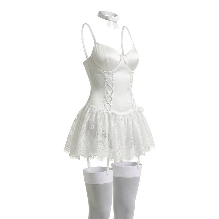 Annika | Damen Spitzen Bustier-Body mit Rüschen und Strumpfhaltern