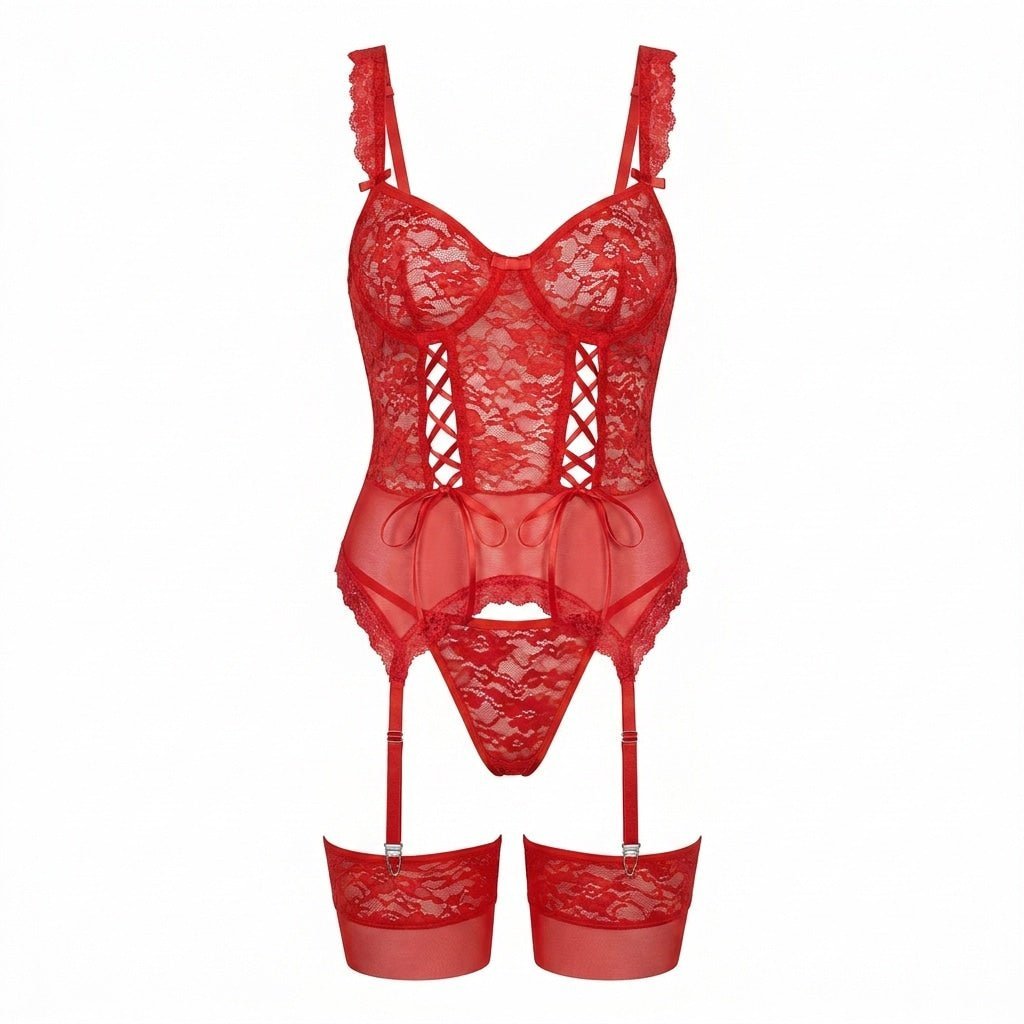 Sophie | Damen Spitzen-Korsett Dessous-Set mit Strumpfgürtel