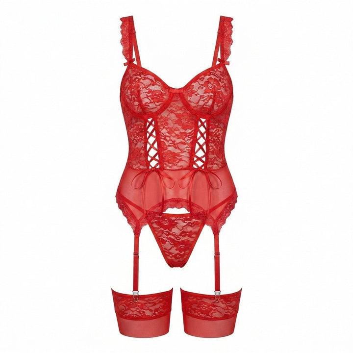 Sophie | Damen Spitzen-Korsett Dessous-Set mit Strumpfgürtel