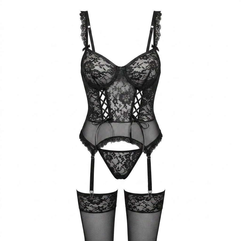 Sophie | Damen Spitzen-Korsett Dessous-Set mit Strumpfgürtel