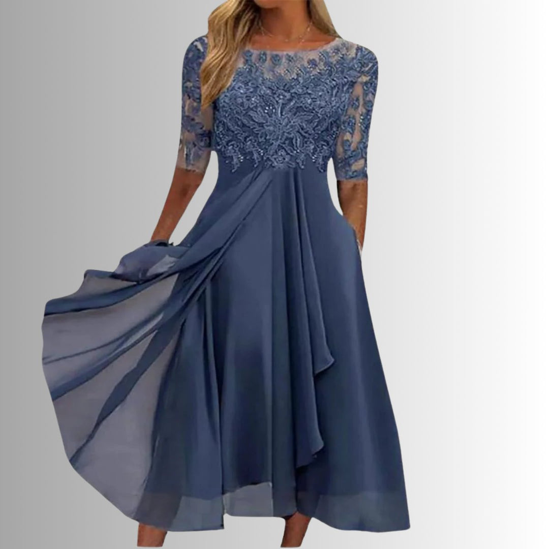 Charlotte | Damen Spitzen Midi Abendkleid Chiffon Formelles Kleid mit Halbarm