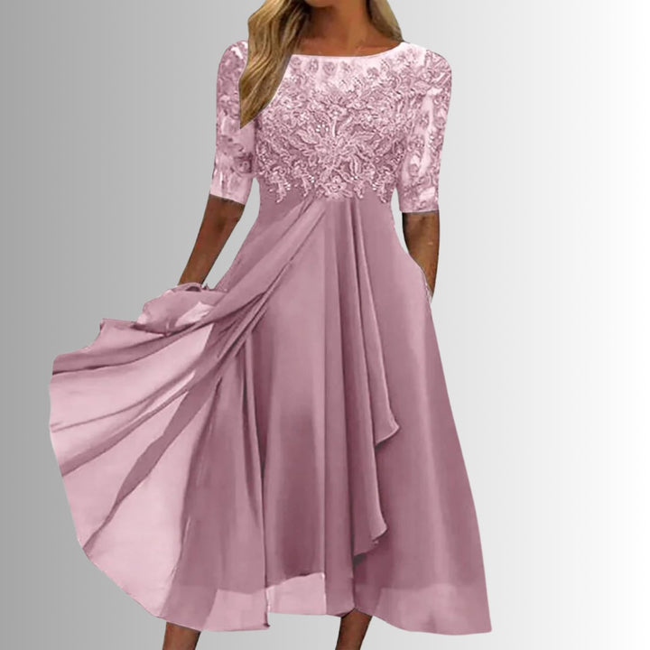 Charlotte | Damen Spitzen Midi Abendkleid Chiffon Formelles Kleid mit Halbarm