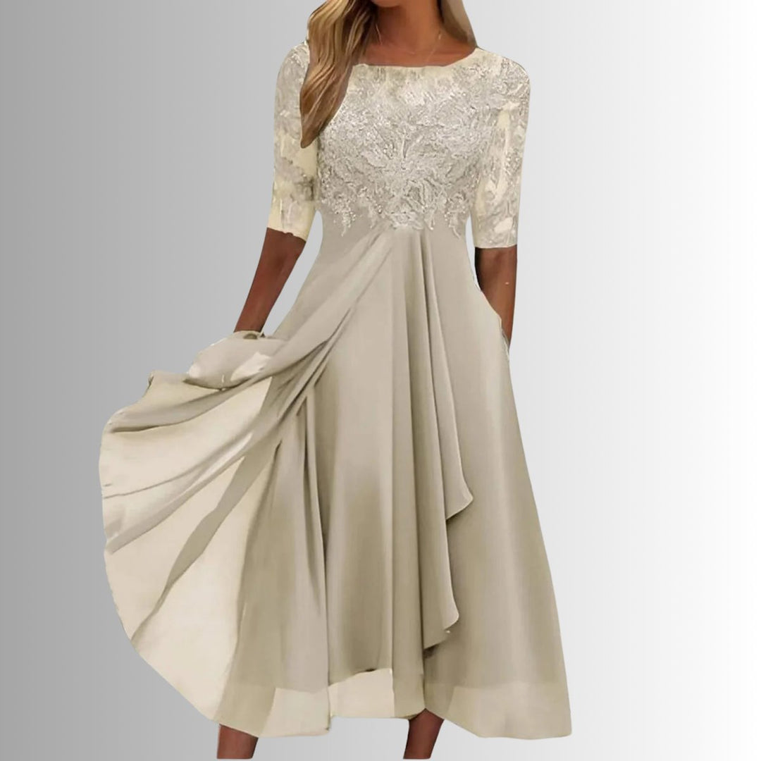 Charlotte | Damen Spitzen Midi Abendkleid Chiffon Formelles Kleid mit Halbarm