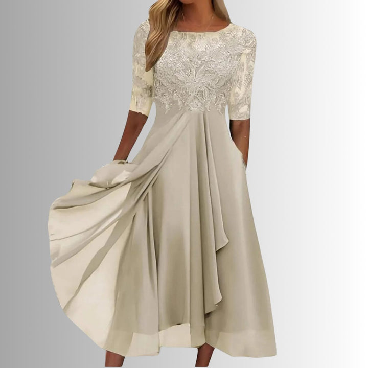 Charlotte | Damen Spitzen Midi Abendkleid Chiffon Formelles Kleid mit Halbarm