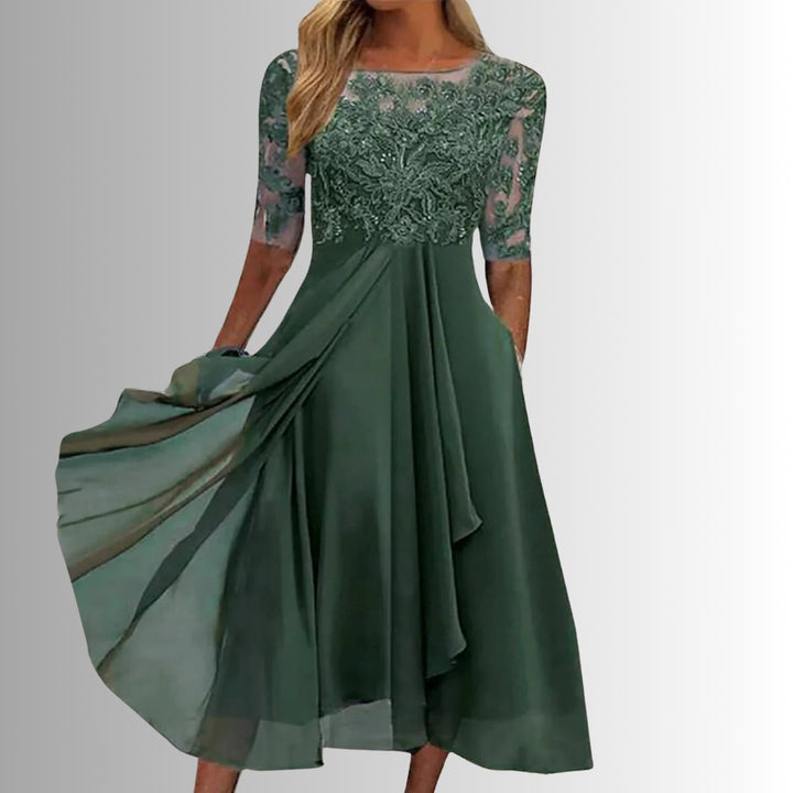 Charlotte | Damen Spitzen Midi Abendkleid Chiffon Formelles Kleid mit Halbarm
