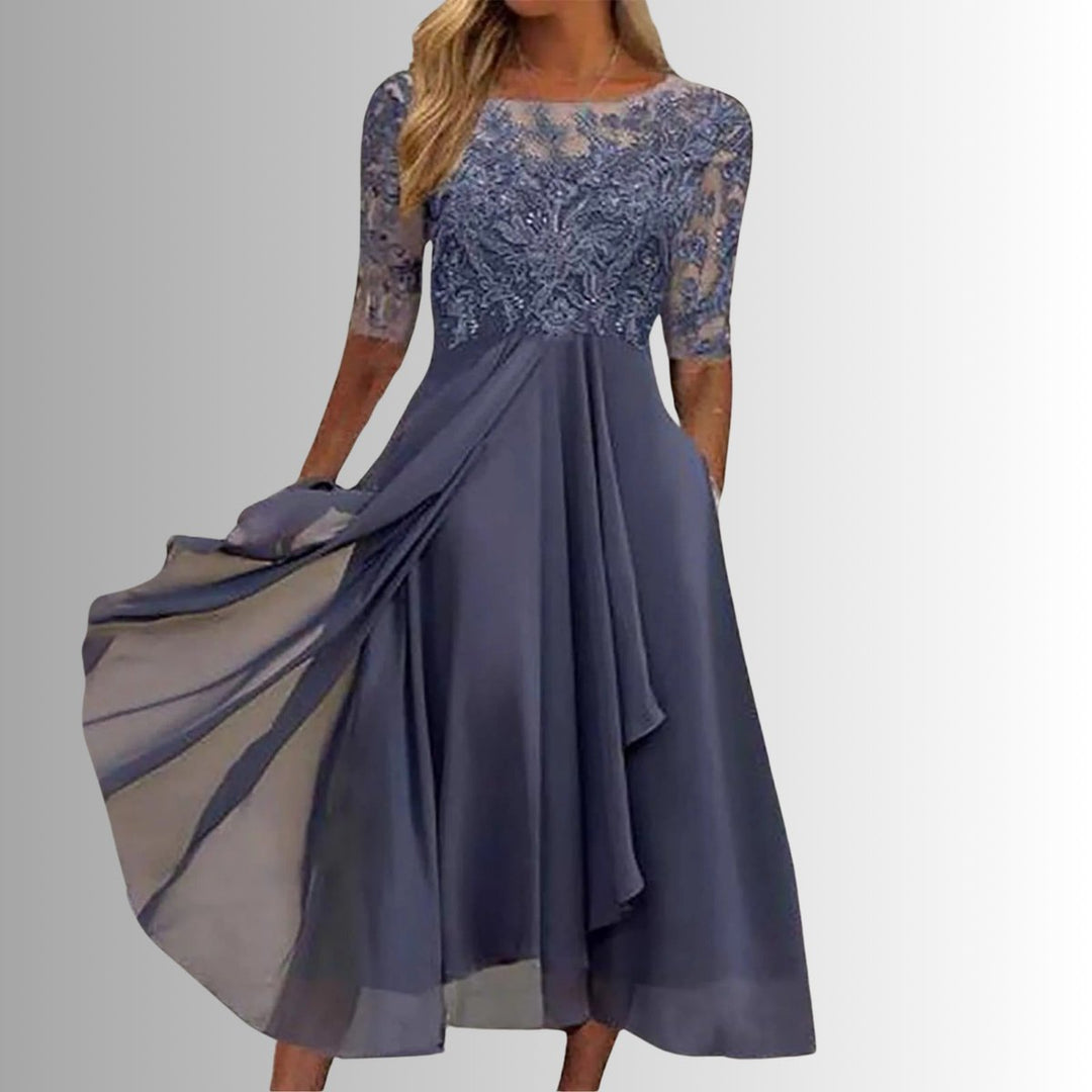 Charlotte | Damen Spitzen Midi Abendkleid Chiffon Formelles Kleid mit Halbarm