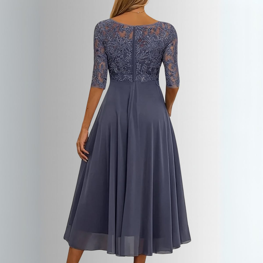 Charlotte | Damen Spitzen Midi Abendkleid Chiffon Formelles Kleid mit Halbarm