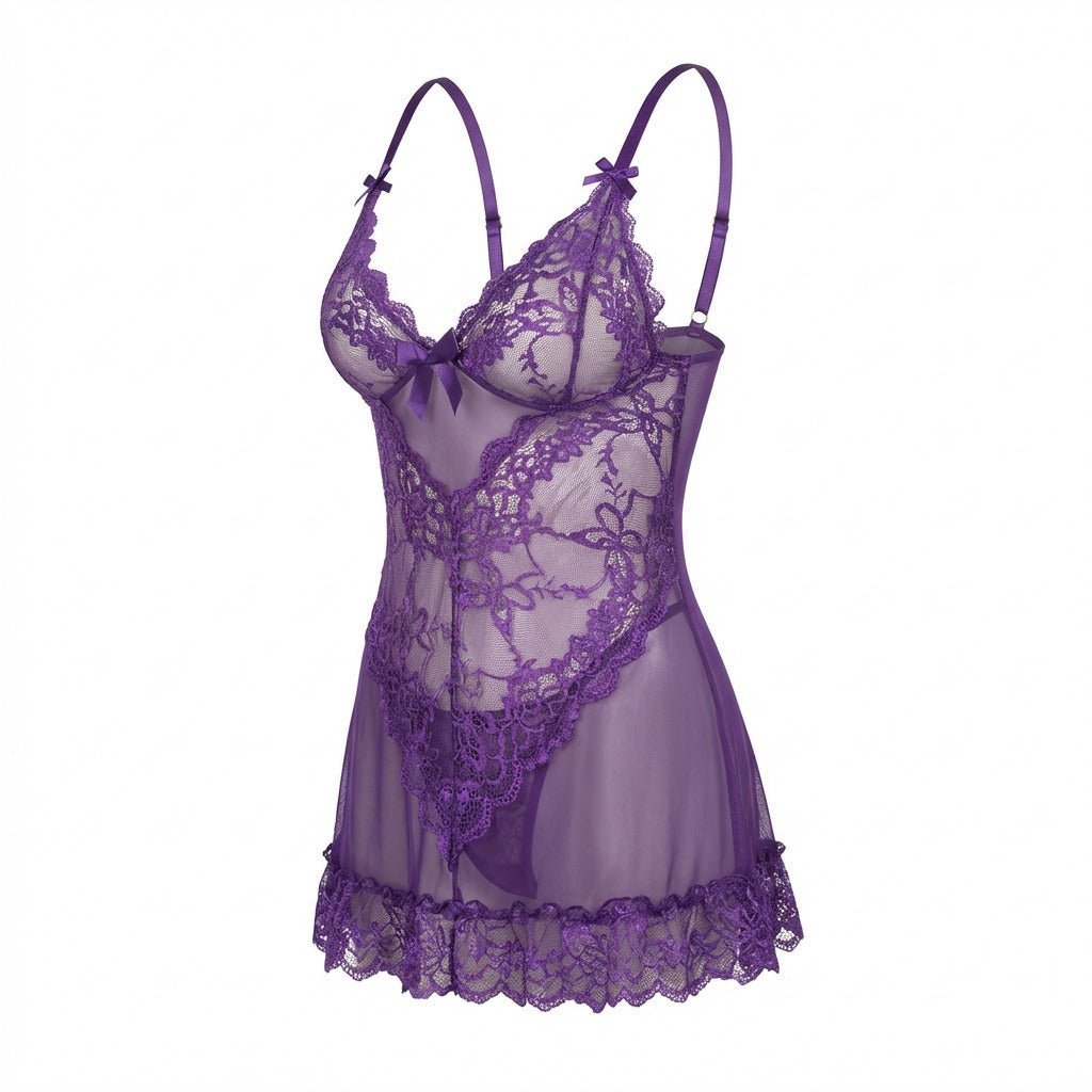 Annika | Damen Transparentes Spitzen-Chemise mit G-String