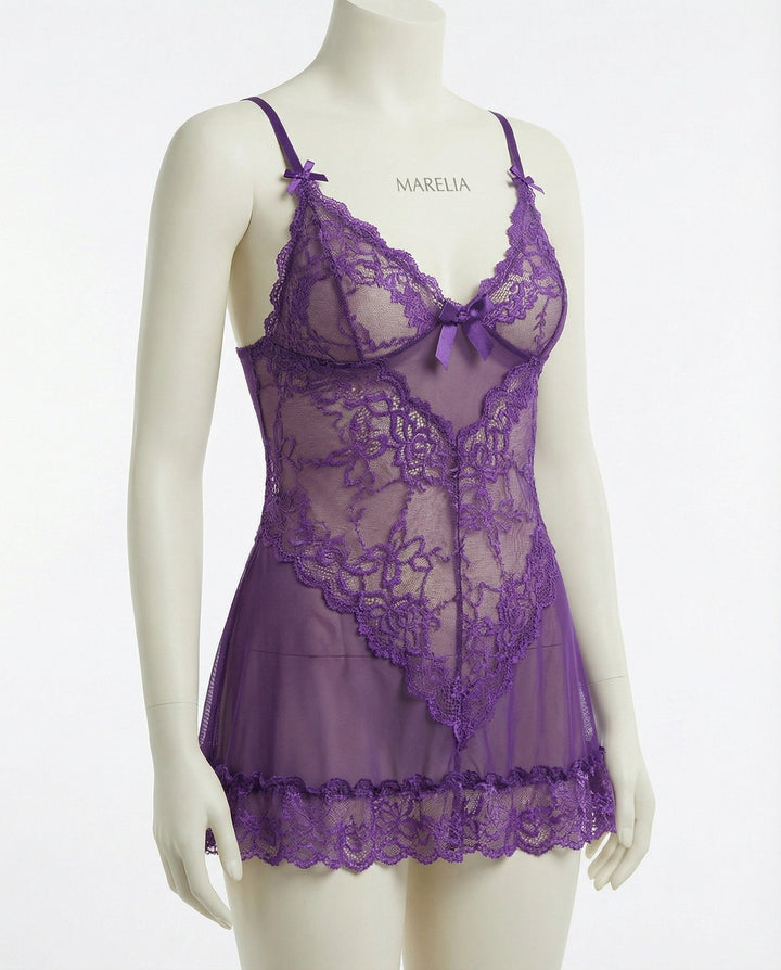 Annika | Damen Transparentes Spitzen-Chemise mit G-String