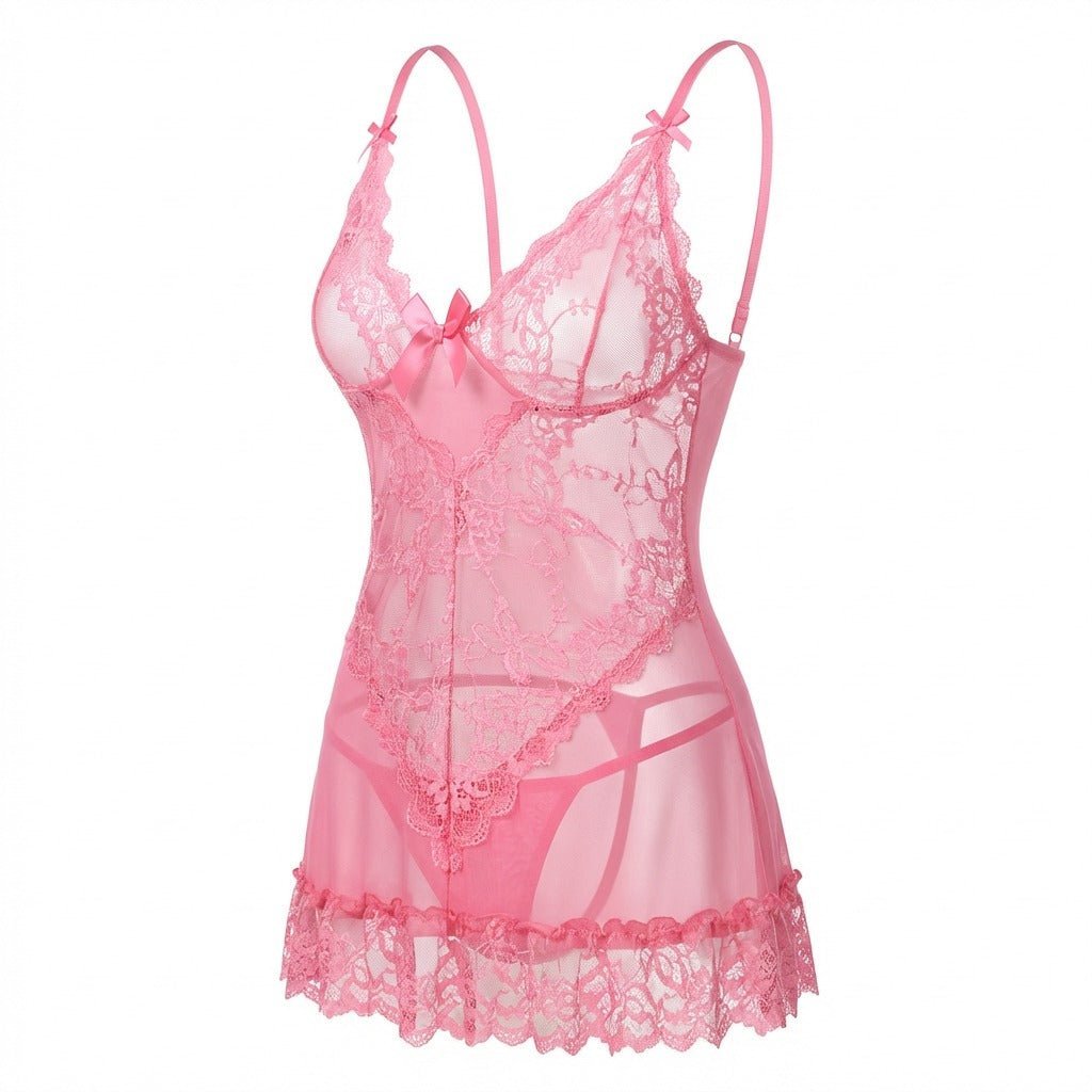 Annika | Damen Transparentes Spitzen-Chemise mit G-String