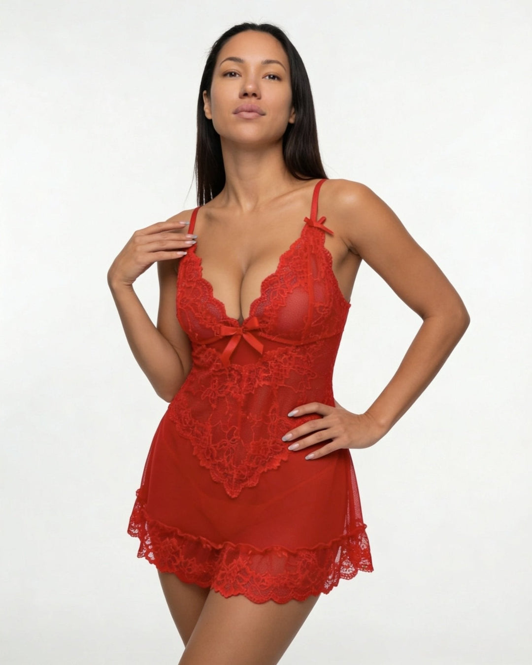 Annika | Damen Transparentes Spitzen-Chemise mit G-String