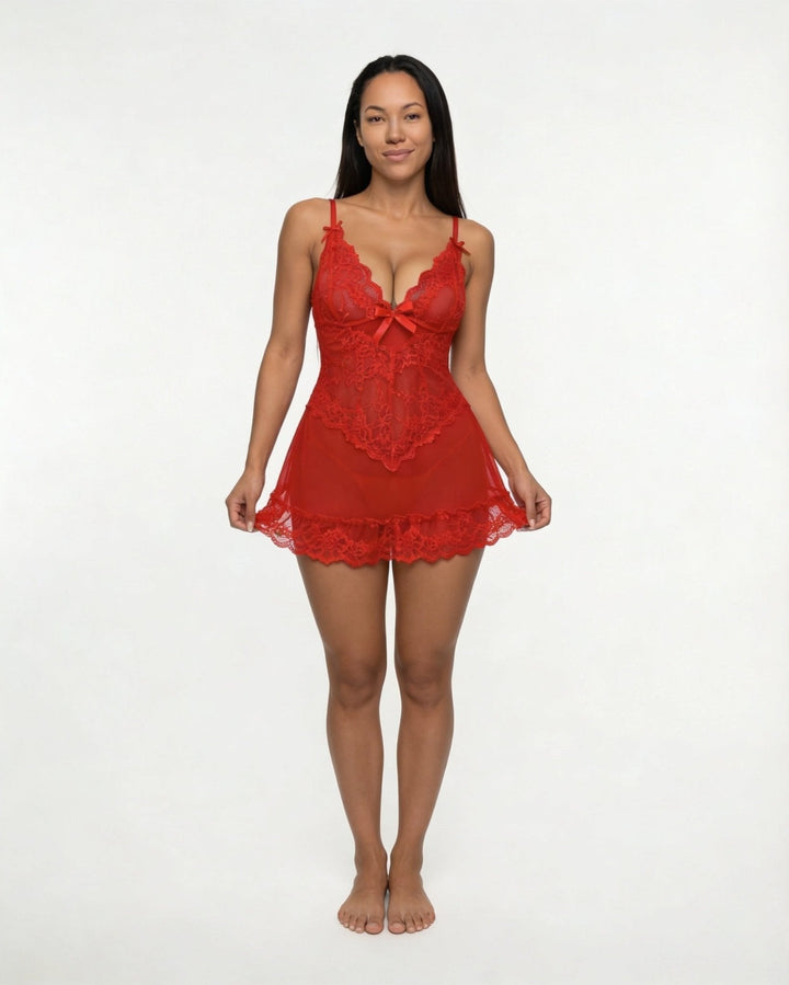 Annika | Damen Transparentes Spitzen-Chemise mit G-String
