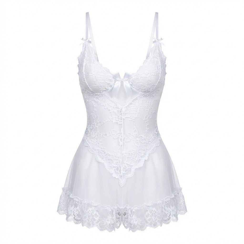 Annika | Damen Transparentes Spitzen-Chemise mit G-String