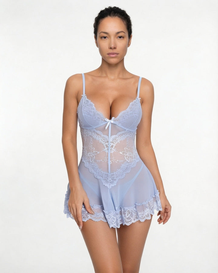 Annika | Damen Transparentes Spitzen-Chemise mit G-String
