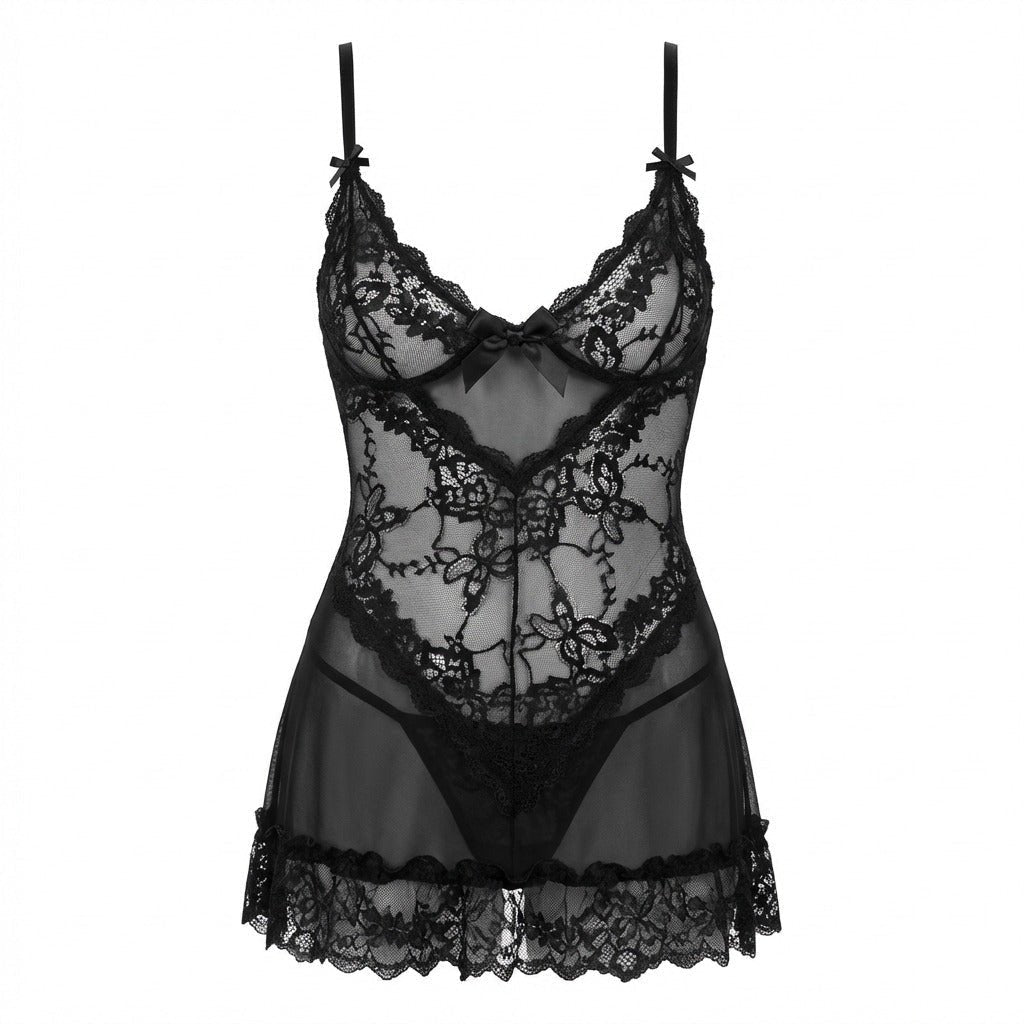 Annika | Damen Transparentes Spitzen-Chemise mit G-String