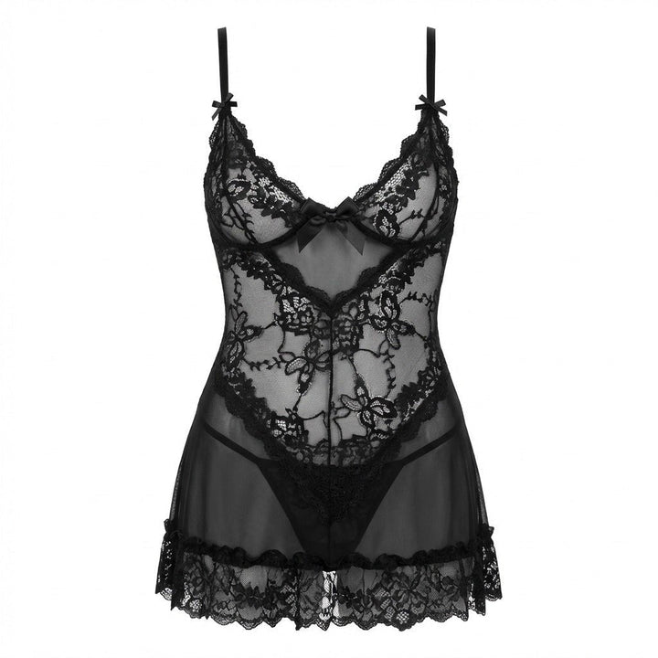 Annika | Damen Transparentes Spitzen-Chemise mit G-String