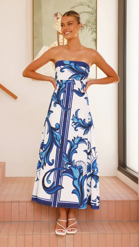Hannah | Damen Trägerlos Vintage-Print Maxi-Kleid