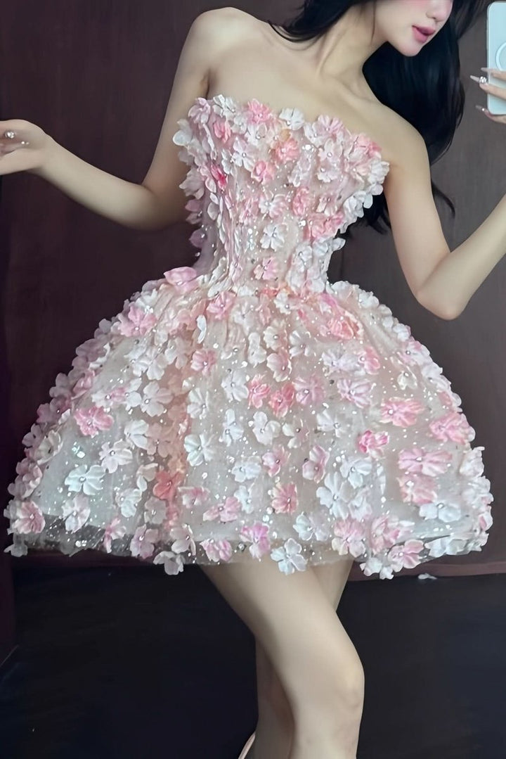 Frieda | Damen Trägerloses 3D-Blumen Cocktailkleid Ballonrock Abendkleid