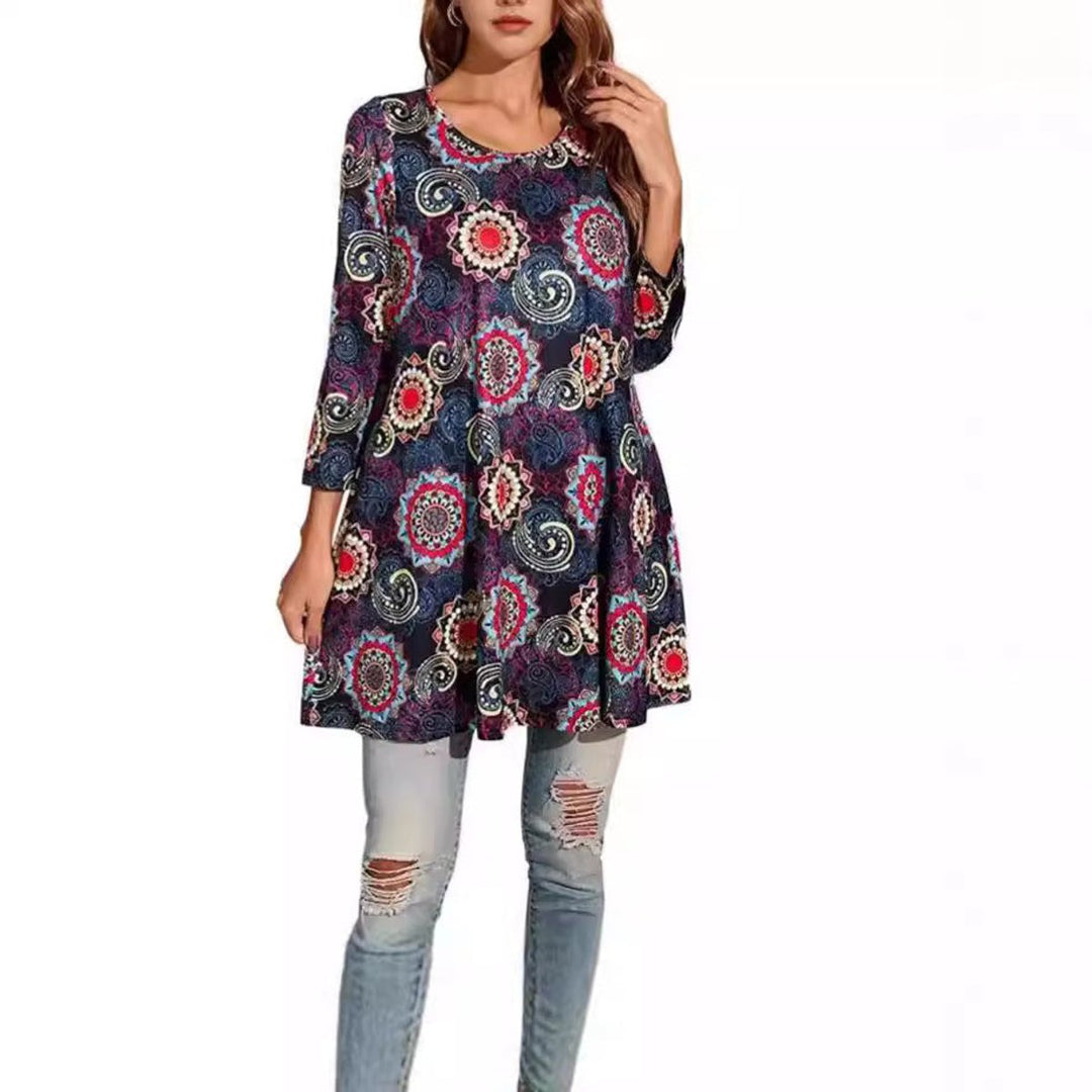 Leonie | Damen Tunika mit buntem Mandala-Druck und 3/4-Ärmeln