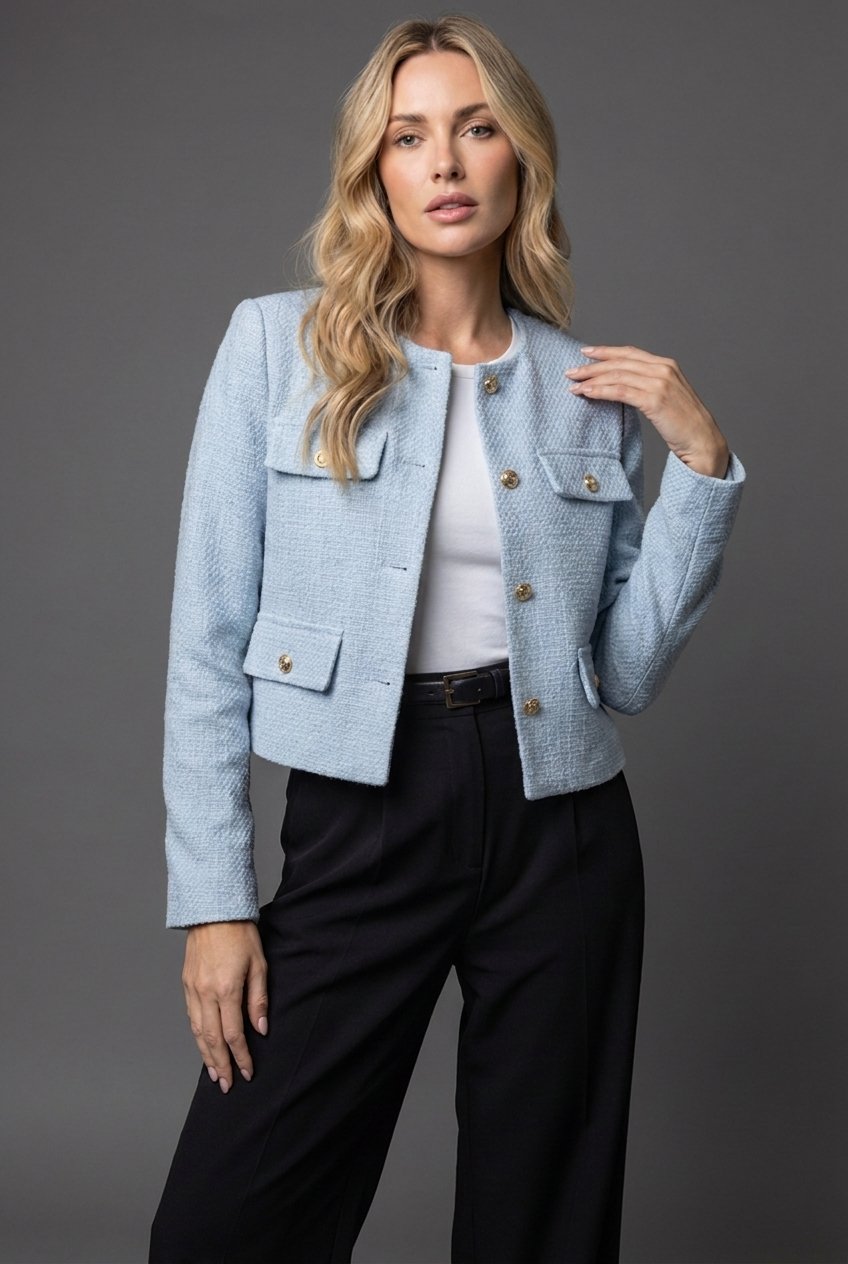 Elfriede | Damen Tweed Kurzblazer Rundhals Knopfleiste