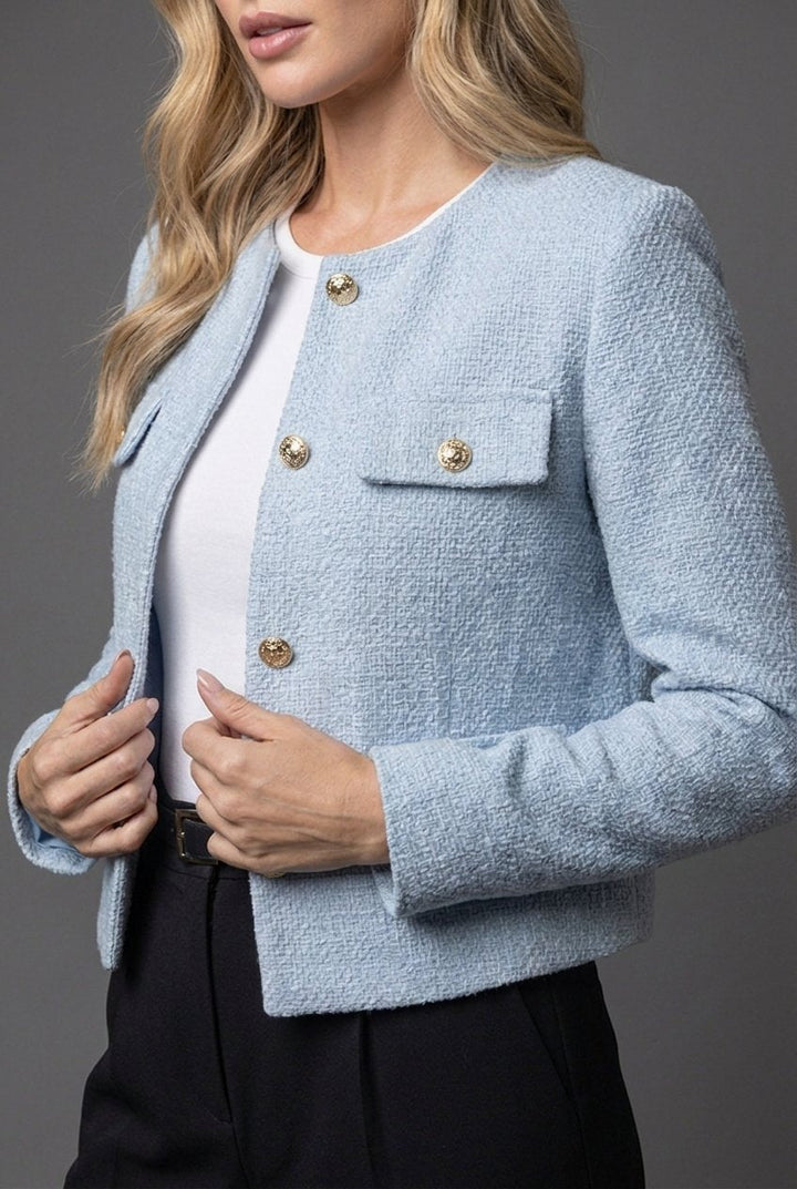 Elfriede | Damen Tweed Kurzblazer Rundhals Knopfleiste