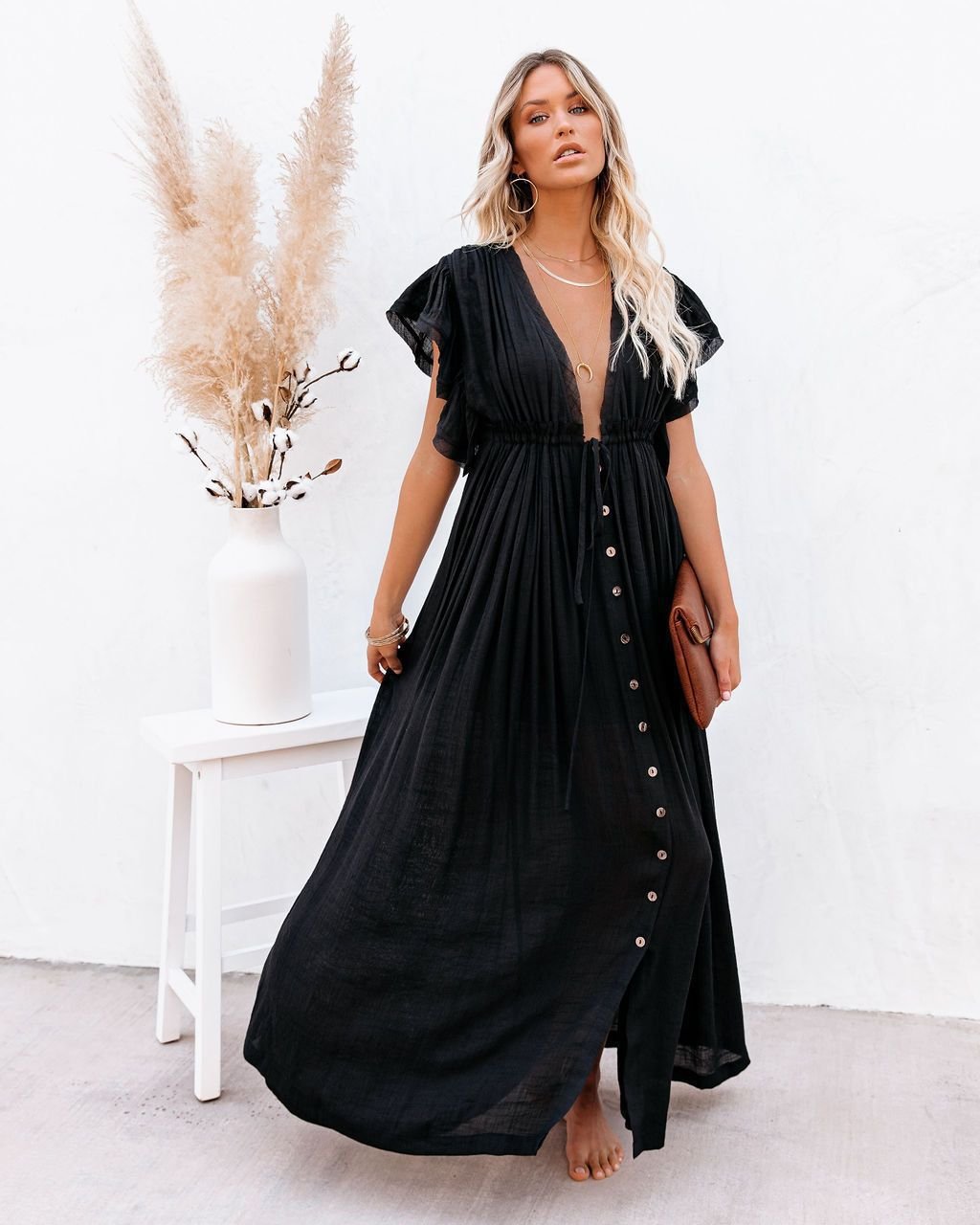 Hannah | Damen V-Ausschnitt Knopfleiste Fließendes Maxi-Kleid
