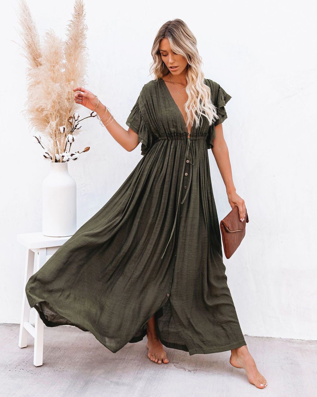 Hannah | Damen V-Ausschnitt Knopfleiste Fließendes Maxi-Kleid