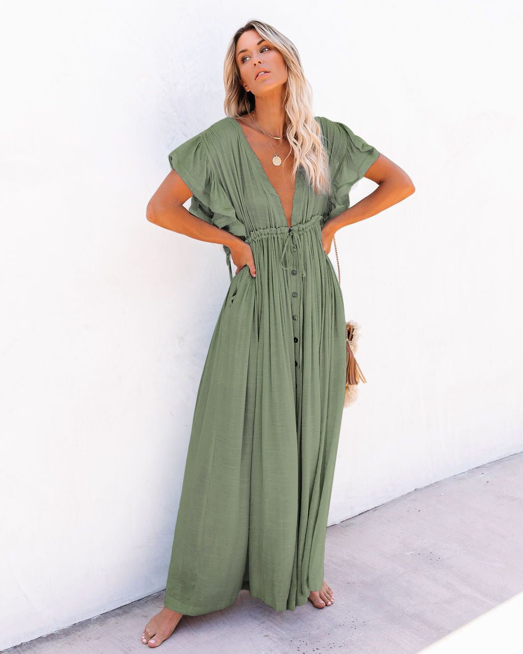 Hannah | Damen V-Ausschnitt Knopfleiste Fließendes Maxi-Kleid