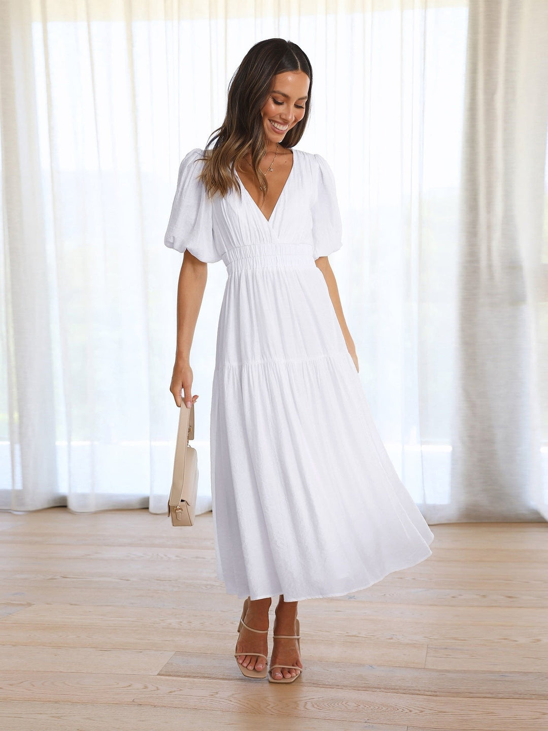 Emilia | Damen V-Ausschnitt Puffärmel Midi-Kleid mit Smok-Taille