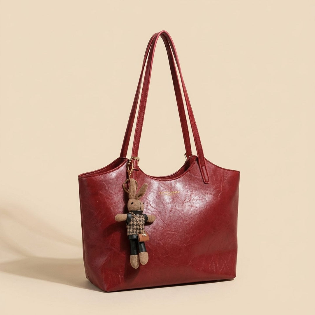 Mia | Damen Veganleder Tote Bag Schultertasche mit Plüsch-Anhänger