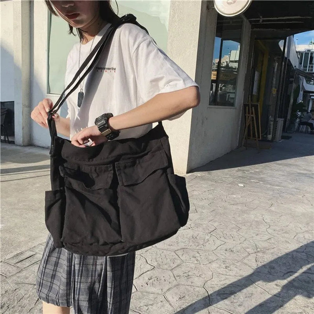 Emilia | Damen Vintage Canvas Tote Bag große Schultertasche mit Seitentaschen